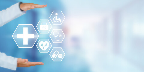 Healthcare Technology Concept: Doctor's Hands Framing Medical Icons for Innovation, Digital Health...