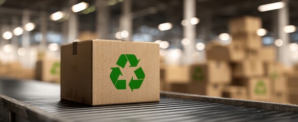 The Eco-Friendly Box on a Conveyor Belt in a Modern Warehouse Environment