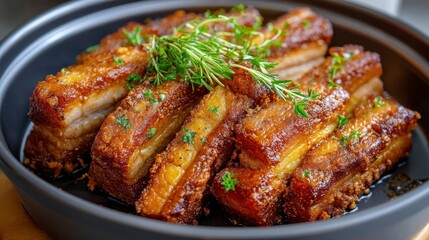 Crispy Pork Belly Slices Garnished With Fresh Herbs in a Round Black Dish