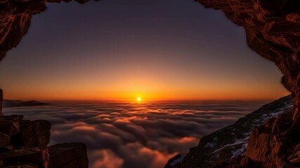 beautiful time-lapse of a vibrant sunset over a sea of flowing clouds framed by a rugged mountain cave opening. - Powered by Adobe