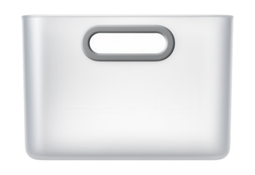 Frosted plastic box with integrated handles for carrying picnic supplies in a car trunk.