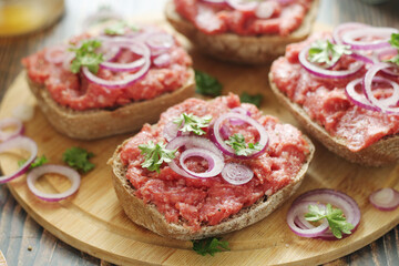Traditional German sandwiches with minced meat Mettbroetchen