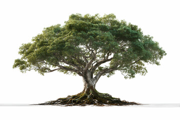 Wide oak tree of life clipart with canopy and visible roots on white
