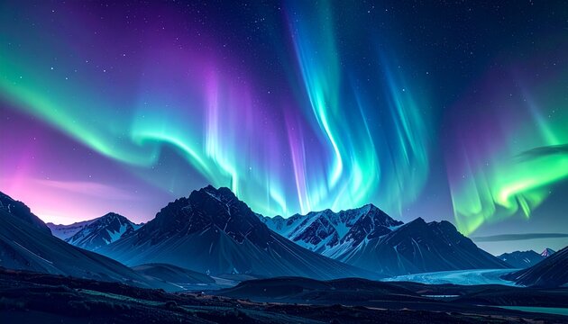 Radiant aurora-inspired abstract waves in green, purple, and blue, sweeping gently across a starry gradient sky