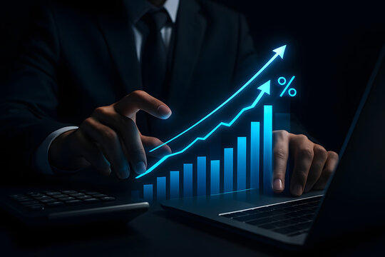 Businessperson interacting with digital financial data illustrating upward trends and profit growth concepts - Powered by Adobe
