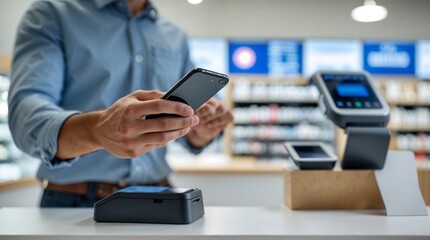 Man making digital payment using phone in small business, seamless transaction with QR code scanning and modern POS terminal on bright retail background
