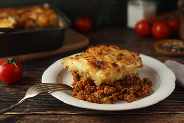 A shepherd's pie, freshly backed and ready to be served. Traditional English dish