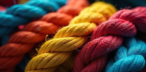 Colorful Climbing Ropes Coiled and Ready for Adventure Durable, High-Altitude Gear for Extreme Sports Enthusiasts
