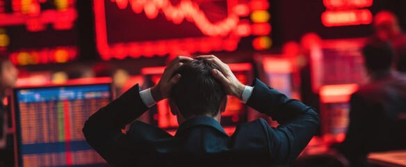 The businessman experiencing distress in a chaotic financial market environment.