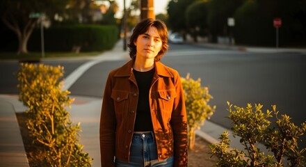 Portrait of a young woman standing outdoors on a sidewalk illuminated by warm sunlight wearing brown jacket and blue jeans in a urban setting.