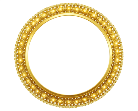 Shiny gold circle frame border isolated on white background, PNG