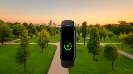 Fitness tracker displays heart rate in a park setting with a cityscape backdrop during sunset or sunrise.
