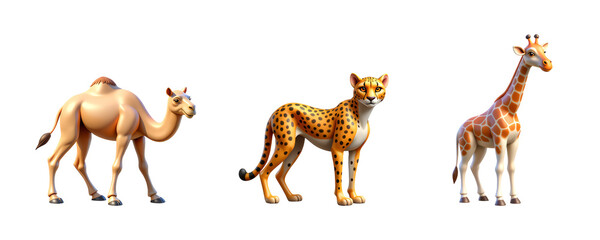 Naklejka premium Giraffe, Cheetah, Camel, icon set, 3D style on transparent background