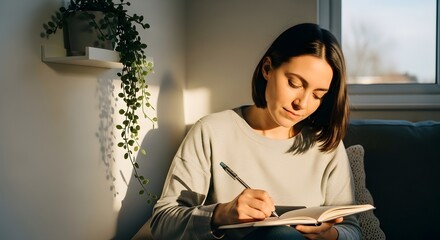Young Woman Writing In A Notebook Under Warm Sunlight Near A Houseplant Indoors