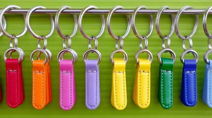 Colorful Leather Souvenir Keychains Hanging on Display Rack Against Bright Green Background