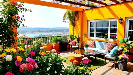 Brightly colored terrace garden with a view, eclectic seating, flowers in full bloom