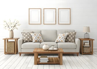 Nice traditional interior with three empty vertical frames on the wall above cozy sofa. Decorated white living room with curtains. 3d rendering.