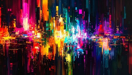 Fototapeta premium Digital glitch-inspired abstract art, neon color splashes and pixel distortions, concentrated on the sides, dark background