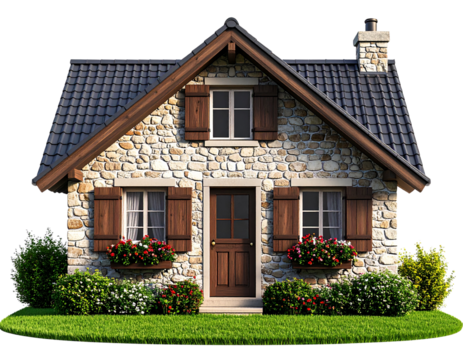  Cozy Countryside Cottage 3D Model with Lush Greenery, isolated on transparent background