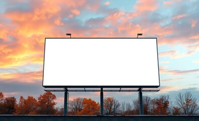 An empty white billboard framed by a backdrop of fiery orange and gold stands against a vast cerulean sky inviting the viewer to fill it with their own vision and transform it into an impactful autumn