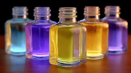 Decorative Glass Bottles Filled with Colorful Liquids Arranged on a Wooden Surface