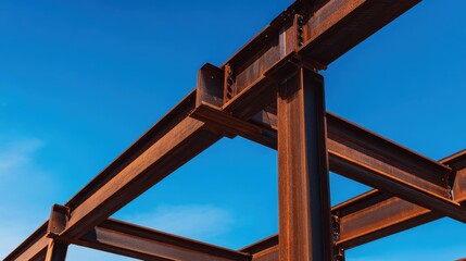 Rusty steel framework against a clear blue sky, highlighting industrial construction progress