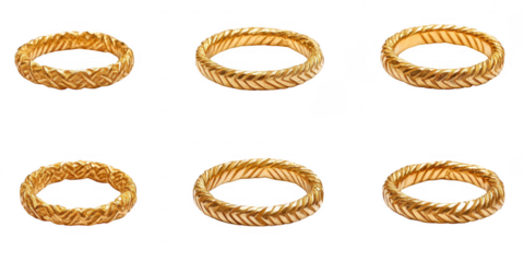 Six golden rings on a dark surface on transparent background