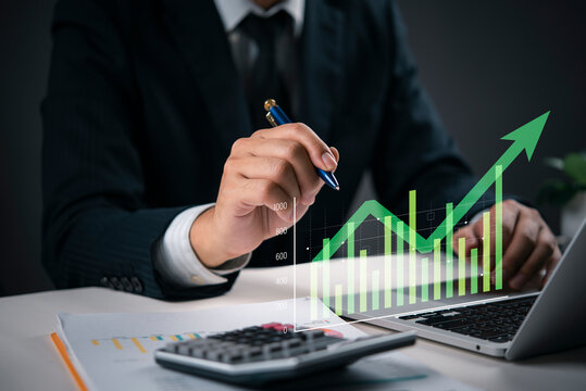 Businessman showing profit chart goals. Financial tax, inflation statistics, wealth management. Stock market, trading success. Business innovation, strategic planning. future investment.