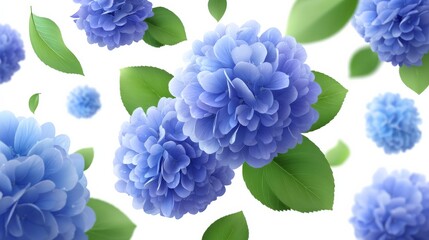 Floating Blue Hydrangeas with Lush Green Leaves on a White Background Evoking Tranquility