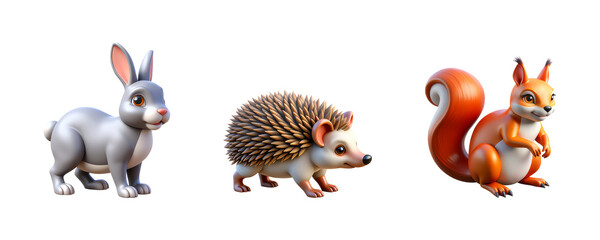Obraz premium Squirrel, Hedgehog, Rabbit, icon set, 3D style on transparent background