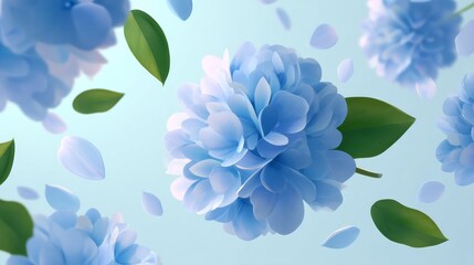 Floating Blue Hydrangeas with Delicate Petals and Green Leaves Against a Soft Background