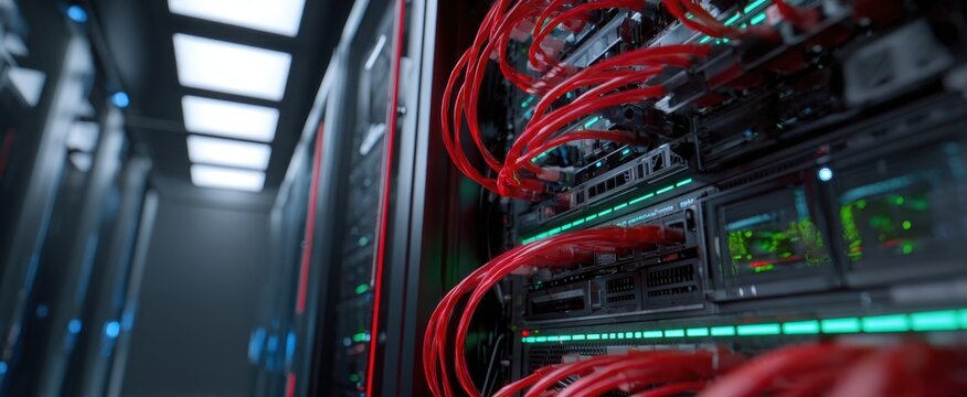 The server room with intricate connections and vibrant cables illuminated inside. - Powered by Adobe