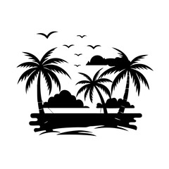 Silhouette Illustration of Tropical Island with Palm Trees, Hammock, Birds, and Bats – Relaxation, Nature, and Exotic Vacation Concept in Black and White