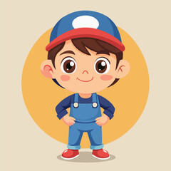 Adorable Cartoon Boy in Overalls.  Happy Childrens Illustration