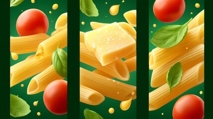 Floating Pasta Ingredients Including Cherry Tomatoes, Cheese, and Basil Leaves Against a Green Background