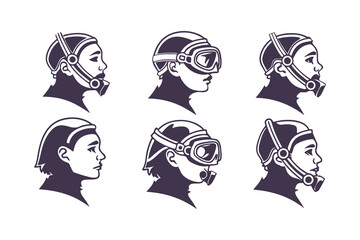 Set of Scuba Divers and Snorkelers Profile Icons. Vector Illustrations of People Wearing Diving Masks, Snorkels, and Breathing Equipment