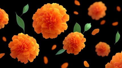 Floating Orange Marigolds with Green Leaves and Scattered Petals Against a Dark Background