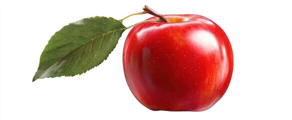 The glossy red apple with a vibrant green leaf and natural lighting.