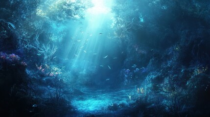 Ethereal underwater scene with sun rays illuminating a coral reef habitat
