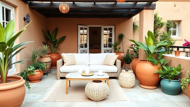 Bohemian-style luxury terrace, terracotta pots, warm neutrals, organic fabrics
