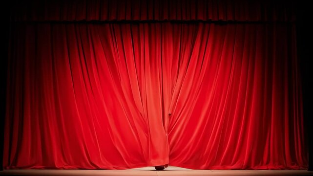 Luxurious red velvet stage curtains gracefully close under a warm spotlight signaling the end of a performance.