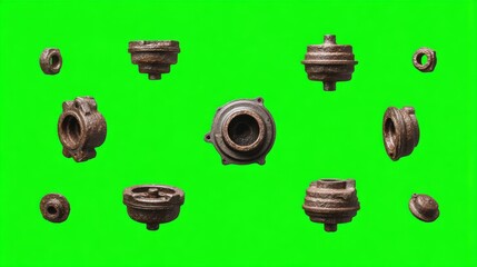 Floating Rusty Carburetor Parts Displayed Against Vibrant Green Background
