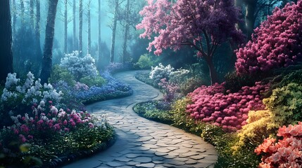 A winding stone path winds through a vibrant garden filled with colorful flowers and trees.