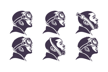Set of Scuba Divers and Snorkelers Profile Icons. Vector Illustrations of People Wearing Diving Masks, Snorkels, and Breathing Equipment