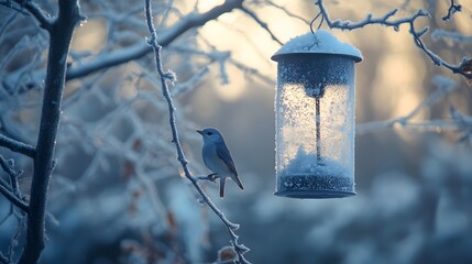 A small bird perches on a branch of a frosted tree near a snowy bird feeder.