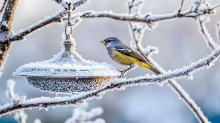 A small bird perches on a frosted branch near a snowy feeder.
