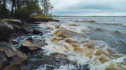 Fototapeta premium Dynamic lakeside view with waves crashing against rocky shore on a cloudy day