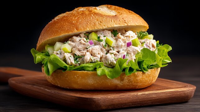 Delicious chicken salad sandwich with fresh lettuce diced apples and red onion on a toasted bun