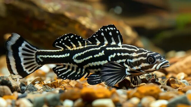 Close-up shot of a fish showcasing black and white stripes swimming amongst river rocks. Selective focus highlights intricate details of aquatic life. Brown and yellow stones.