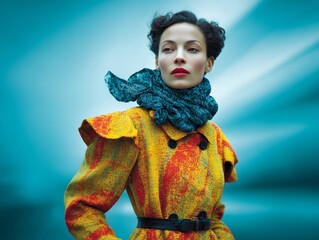 Elegant woman in vivid retrofuturistic coat with blue scarf standing against surreal cyan background
